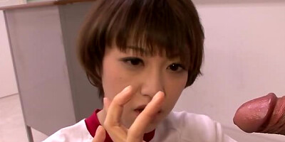 Short haired Asian girl sucking a delicious dick