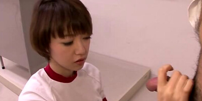 Short haired Asian girl sucking a delicious dick