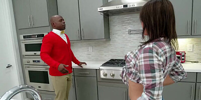 Slutty MILF blows black man in the kitchen and gets shagged