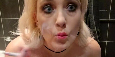 Chubby Mature Blonde Secretly Smoking in the bathroom and ashes on her big tits and pink pussy