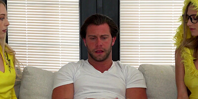 Two teen girls are dressed in a Pokemon suit while having a threesome