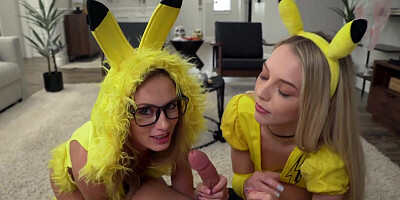 Two teen girls are dressed in a Pokemon suit while having a threesome