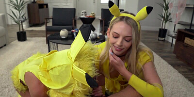 Two teen girls are dressed in a Pokemon suit while having a threesome