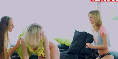 Three naughty blondes are having lesbian 3way on the couch