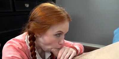 Ginger sucks that massive pecker and gets pined down and fucked