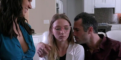 Two lovely teens are sharing dude's hard cock in a 3some