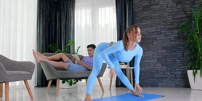 Teen brunette roommate excercises on the mat and gets pussy fucked by her friend