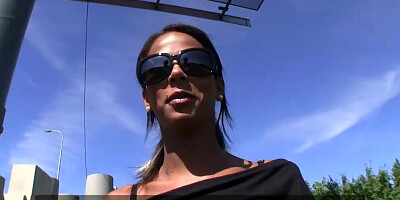 Pretty tanned brunette sucking stranger's fat cock outdoors for money