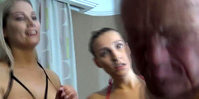 Two girls in pantyhose dominating guy and sitting on his face