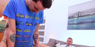 Inked Redhead MILF Spitroasted by Stepson and Daddy