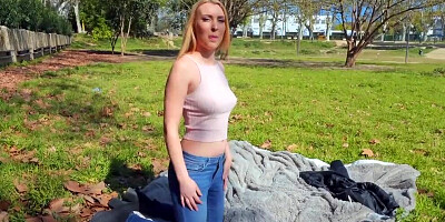 Juicy blonde sucks a hard cock and rides it at the picnic