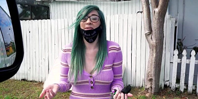 Green-haired teen slut is picked up by strangers for quick sex in a van