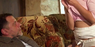 Teen brunette rough sex with horny grandpa on the couch