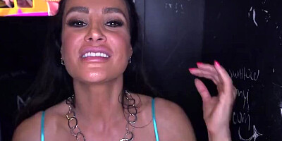 Slutty brunette MILF Lisa Ann takes hard cocks through gloryholes