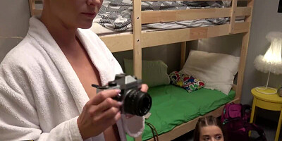 Two chicks and one cougar are having a 3some in the hostel