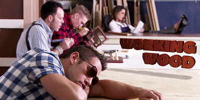 Muscled guy fucks cute brunette in the workshop