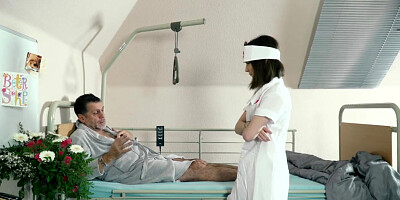 Teen Nurses Fuck old Grandpa in a Fake Hospital Bed and Give Sloppy Blowjob