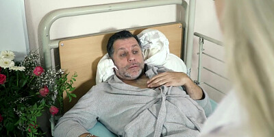 Teen Nurses Fuck old Grandpa in a Fake Hospital Bed and Give Sloppy Blowjob