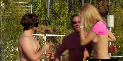 Sex pool party with naughty blindfolded swinger games
