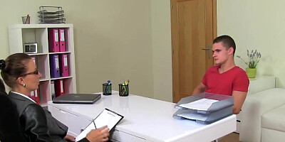 MILF female agent blows a shy guy and fucks him at casting