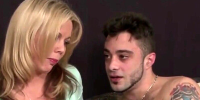 Blonde mom helps her tattooed stepson feel better by blowing and banging his cock