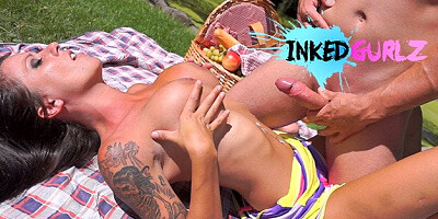 Inked Gurlz - Big Boobs Tan Milf Banged on the Lawn Outside