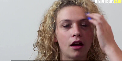 Curly haired babe is getting bonked on the couch by a stranger