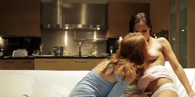 Linda Sweet & Kari Sweet are kissing and lovemaking on the couch