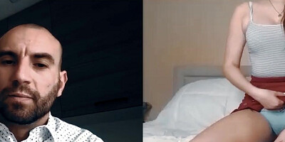 Perverted daddy asked his stepdaughter to spank her big ass over the webcam