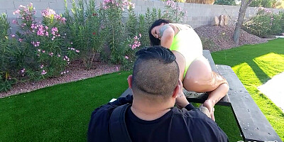 Bootylicious MILF Claire Dames is oiled-up and fucked in the yard