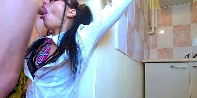 Submissive girl is pressed against the wall and fucked in the face