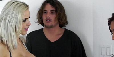 Young stud fucks blonde MILF and tiny daughter