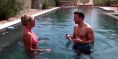 Lovely blonde MILF is sucking dude's cock and rides it afterwards