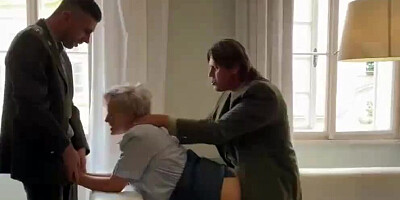 Busty MILF secretary is getting fucked by two hung guys