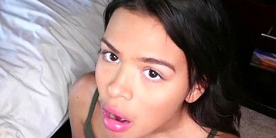 Young brunette step-sis lets her brother cum on her nose