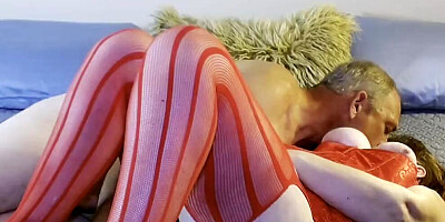 Mature woman in red lingerie is fingered and stimulated with sex toy