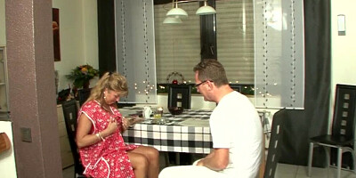 Blonde milf in lingerie stretched out and stuffed on the