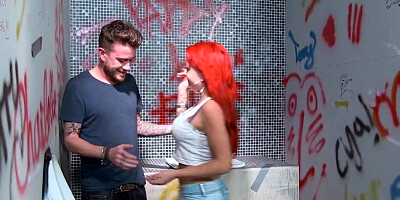 Redheaded inked hottie getting frocked in the toilets