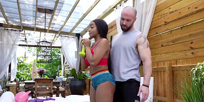 Bald trainer is using the busty ebony for interracial fun