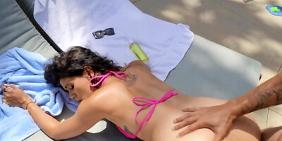 Love moans while guy bangs shaved twat by the outdoor pool