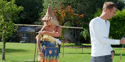 Well-hung stud impales blonde scarecrow with round boobs