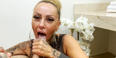 Inked German MILF smokes and sucks stepson's dick