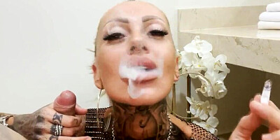 Inked German MILF smokes and sucks stepson's dick