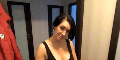 Full-bosomed German mom is showing her big tits and stroking hard cock