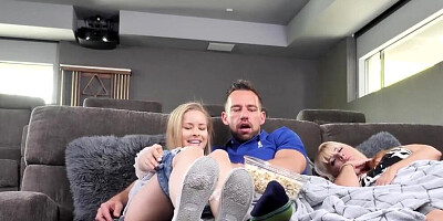 Dad and blonde stepdaughter are watching movies together and having sex