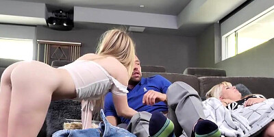 Dad and blonde stepdaughter are watching movies together and having sex