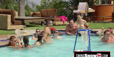 Hot swinger brunettes are having softcore sex in a messy and naughty orgy