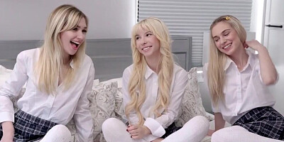 Three blonde angels are sharing the lucky dude's pecker for pussy pounding