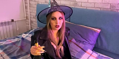 Naughty wich is playing with stepson's pecker on a Halloween