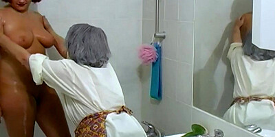 Slutty grandma is having 3some with horny couple in the bathroom